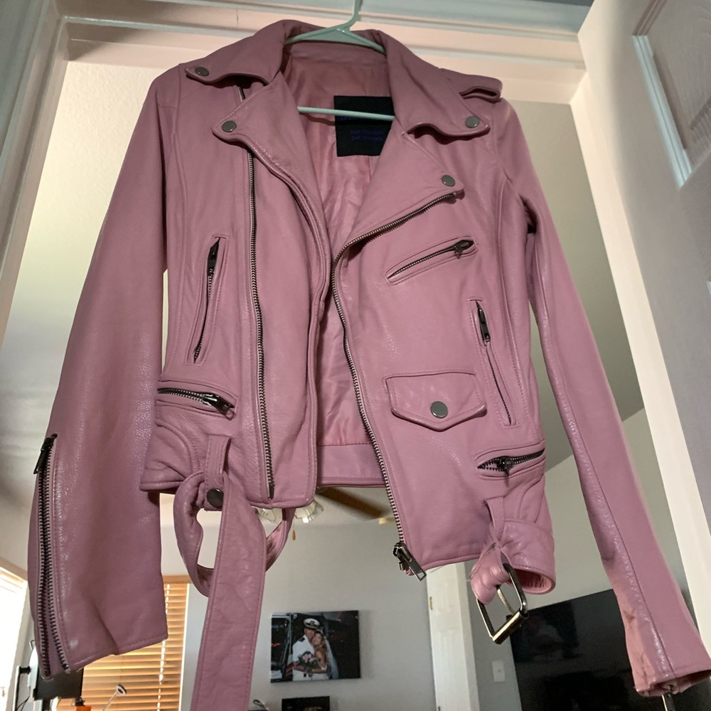 Pink leather biker jacket calf leather